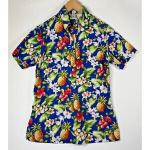 Go Barefoot Hawaiian Popover Shirt Mens XS Blue Pineapple Floral Aloha USA Made